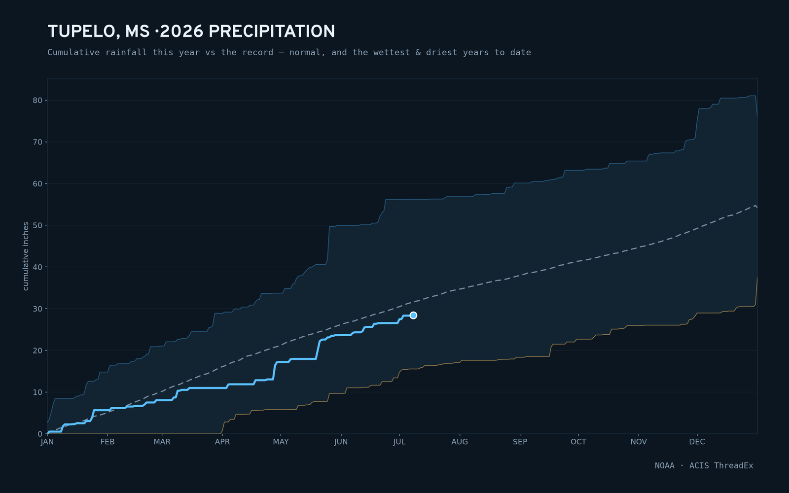Tupelo, MS — cumulative rainfall this year vs the record