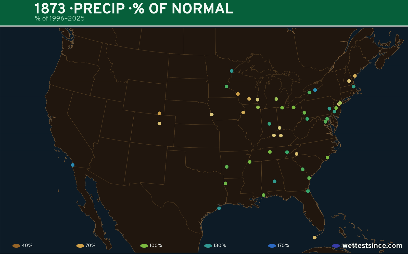 1873 U.S. precipitation percent-of-normal map