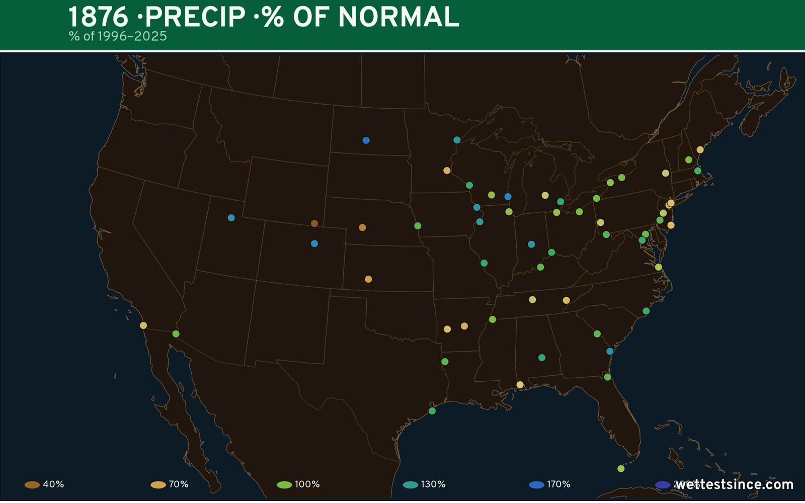 1876 U.S. precipitation percent-of-normal map