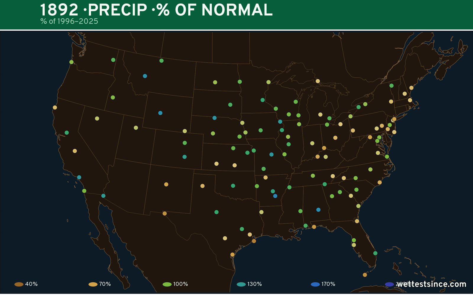 1892 U.S. precipitation percent-of-normal map