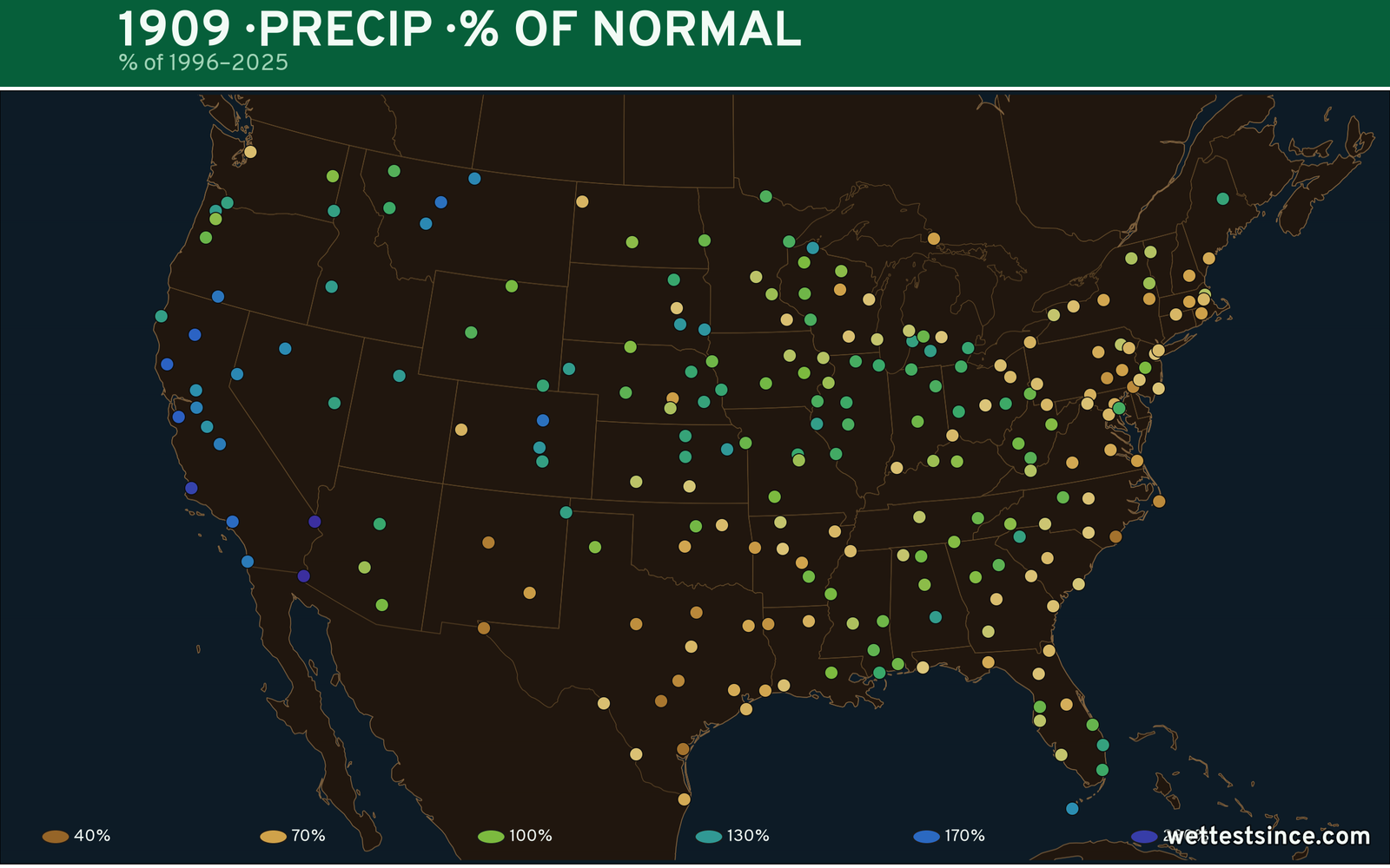 1909 U.S. precipitation percent-of-normal map